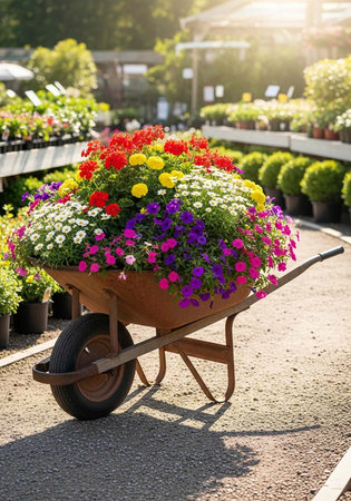 A vibrant wheelbarrow filled with colorful flowers in a garden center on a sunny day.の写真素材