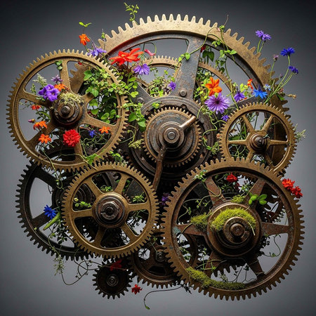 A creative arrangement of gears and colorful flowers in a steampunk-inspired design