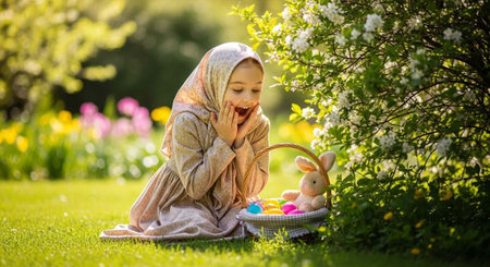 A young girl in a headscarf enjoys a joyful Easter moment with a stuffed bunny and colorful eggs in...
