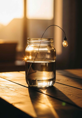 A glass jar filled with water and fairy lights sits on a wooden table near a sunny windowの写真素材