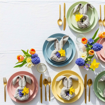 Vibrant pastel plates, gold utensils, and floral arrangements with bunny-shaped napkin folds on a...