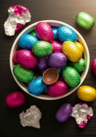 A bowl filled with multicolored Easter eggs and foil wrappers on a dark surface