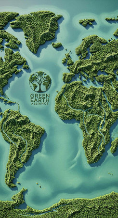 Green landmasses surrounded by blue ocean watersの写真素材