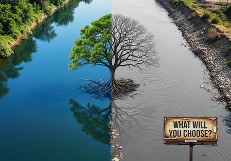 A river divided into two contrasting environments with a tree and a billboard.