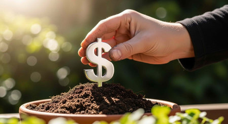 A hand in a black sleeve placing a dollar sign in a pot of soil.の写真素材