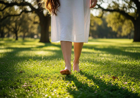 A woman in a white dress walks barefoot on lush green grass with trees in the backgroundの写真素材