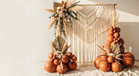 Two pumpkin arrangements with dried flowers and greenery in front of a macrame wall hanging