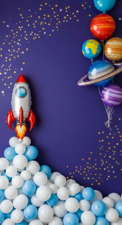 Vibrant balloons and a rocket ship against a purple background with gold stars