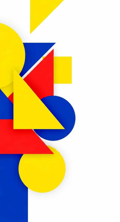 Abstract arrangement of geometric shapes in red, blue, and yellow hues on a clean white backdropの写真素材