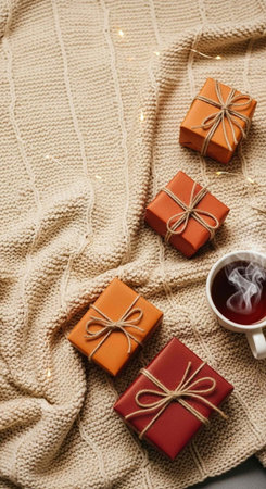 Wrapped presents and a cup of tea on a beige knitted blanket with string lights