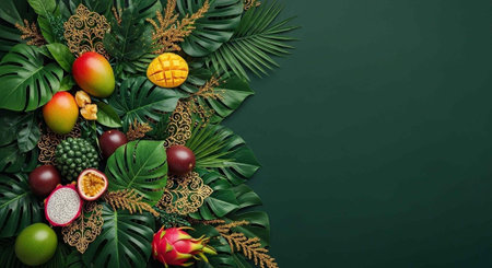 Colorful tropical fruits and leaves arranged on dark green background with empty space for text