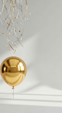 A shiny gold balloon floats with confetti and streamers on a clean white backgroundの写真素材