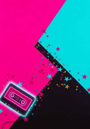 A cassette tape with neon glow surrounded by colorful stars on a split pink, blue, and black...