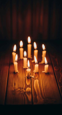 Several lit candles casting warm glow on wooden surface in dimly lit spaceの写真素材