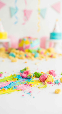 Vibrant pastel colors, cake, cookies, and decorations on a white table for a baby shower