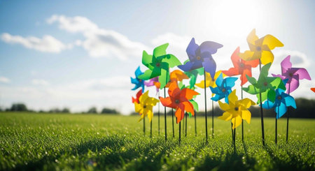 Vibrant pinwheels of various colors stuck in a lush green field on a sunny dayの写真素材
