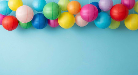 Colorful paper lanterns in various sizes hang against a light blue background.の写真素材