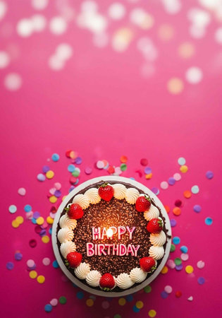 A chocolate cake with white frosting, strawberries, and Happy Birthday message on a pink background...