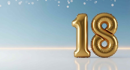 Large gold balloons forming the number 18 on a shiny white surface with blue background