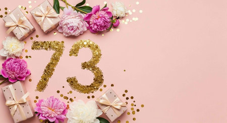 Gold glitter number 73 with flowers, gifts, and confetti on soft pink background