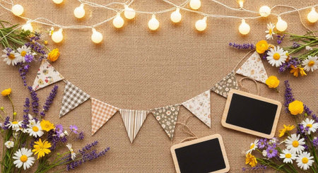 Colorful flowers, string lights, and decorative flags on burlap with chalkboards, perfect for...