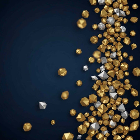 Scattered gold and silver faceted gems on dark blue background with negative space