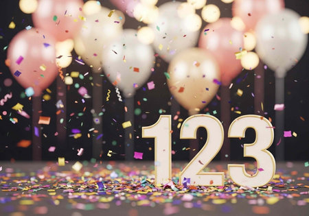 Vibrant party scene with balloons, confetti, and gold numbers 123 on a gray floorの写真素材