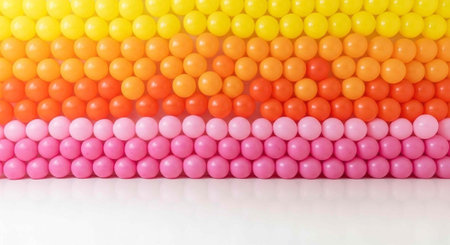Multicolored plastic balls arranged in gradient rows on a white surfaceの写真素材