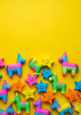 Vibrant pinatas and smiling stars in various colors on a solid yellow background