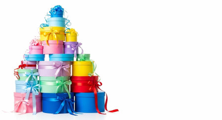 A pyramid stack of wrapped gift boxes in various colors with ribbons and bows on a white background
