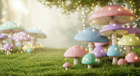 Vibrant pastel mushrooms with fairy lights on grass in a dreamy forest settingの写真素材