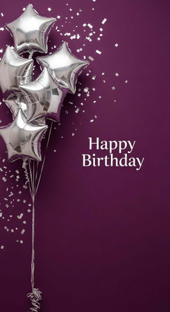 A bunch of silver star-shaped balloons with confetti on a purple background with Happy Birthday textの写真素材