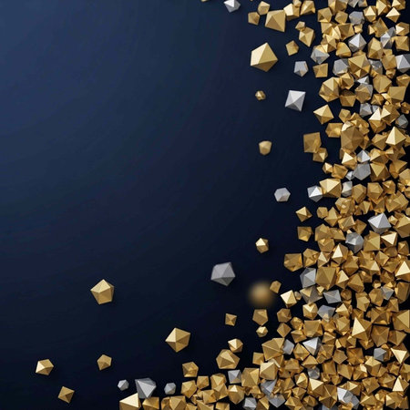 Scattered gold and silver polygonal shapes on dark blue surface
