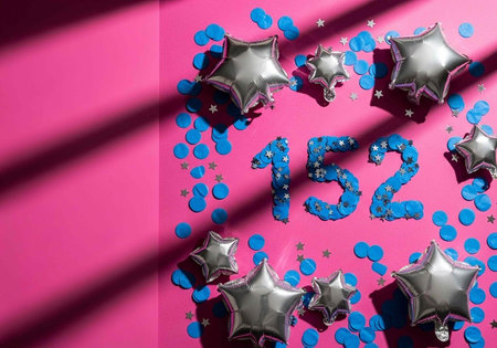 Vibrant pink background with blue confetti, silver star balloons, and the number 152 in blue...