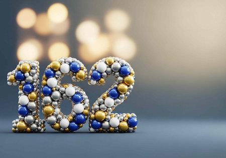 The number 2022 made of small white, blue, gold, and silver spheres on a gray surface