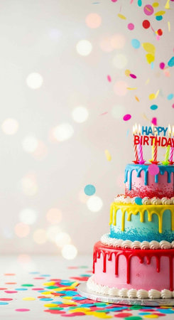 A three-tiered birthday cake with pink, blue, and yellow frosting and dripping icing