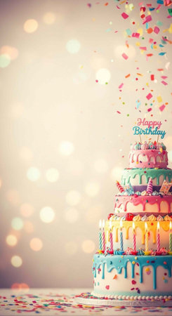 A large, multi-tiered birthday cake with colorful frosting, candles, and confetti on a bright...