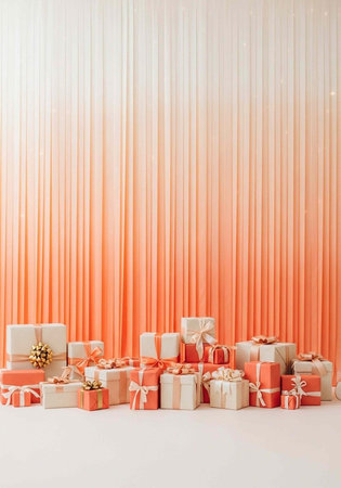Colorful presents with orange and white wrapping paper and ribbons arranged on a white floorの写真素材
