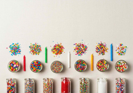 Assorted jars and containers filled with rainbow sprinkles, candies, and frosting on a clean backgroundの写真素材