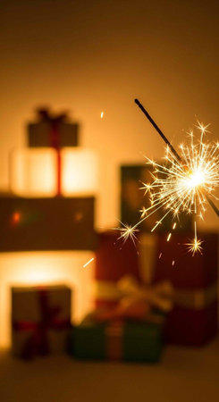 A sparkler shines brightly amidst wrapped gifts and warm lighting at nightの写真素材