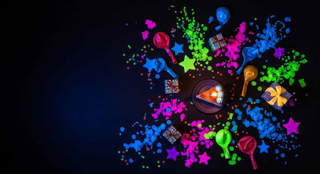Whimsical celebration scene with confetti, stars, and a dark background