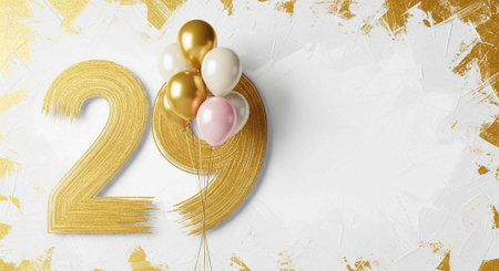 Large gold number 29 with pink, white, and gold balloons on a white and gold background