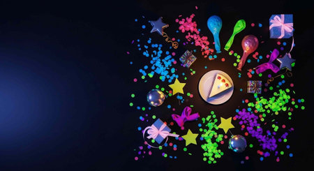 Vibrant party elements including confetti, gifts, cake, and maracas on a dark backgroundの写真素材