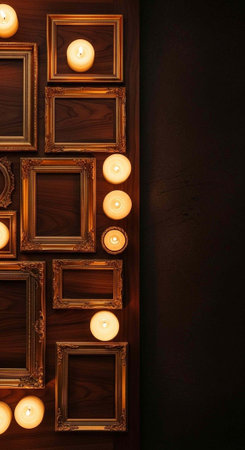Burning candles in wooden frames on dark wall background, copy spaceの写真素材