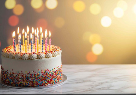Birthday cake with burning candles on table against bokeh background