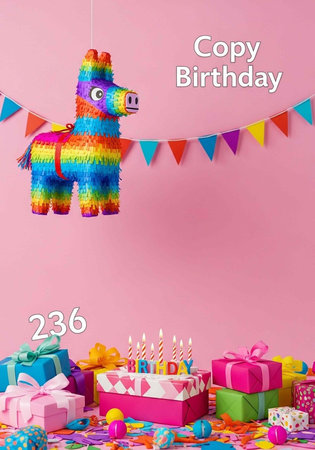 Vibrant birthday setup with rainbow pinata, presents, and decorated cake on pink background