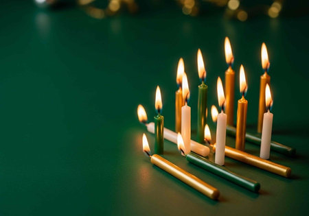 Candles in the shape of a tree on a green backgroundの写真素材