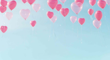 Valentine's day background with pink heart-shaped balloons on blue skyの写真素材