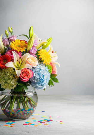 Bouquet of colorful flowers in vase on gray background.の写真素材