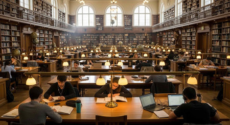 People sitting at tables in a spacious library with bookshelves and lamps